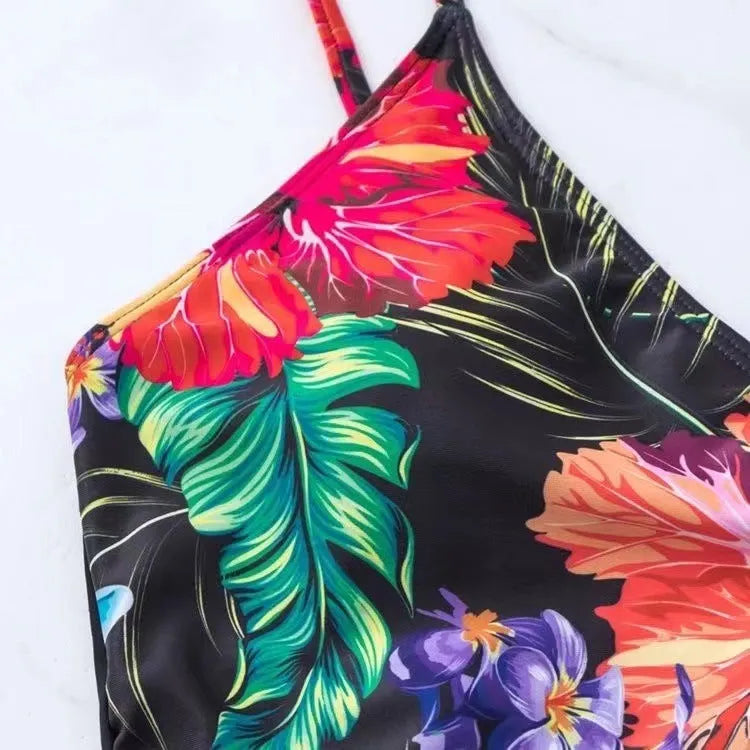 Black women's high waist printed split bikini briefs for sports and swimming