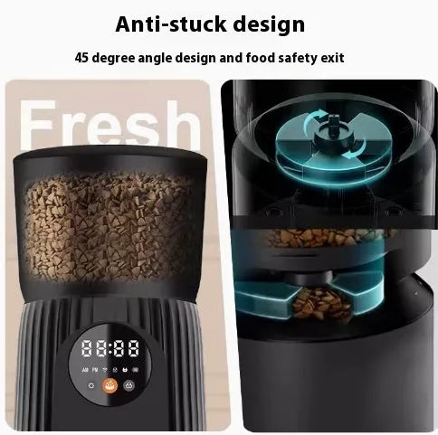 Automatic pet feeder with remote control for timed quantitative feeding in black or white colour