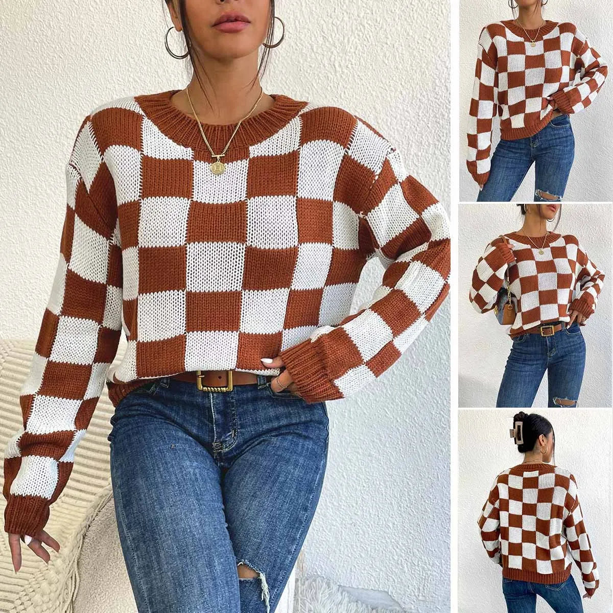 Dark brown chessboard plaid women's pullover sweater with loose round neck and long sleeves