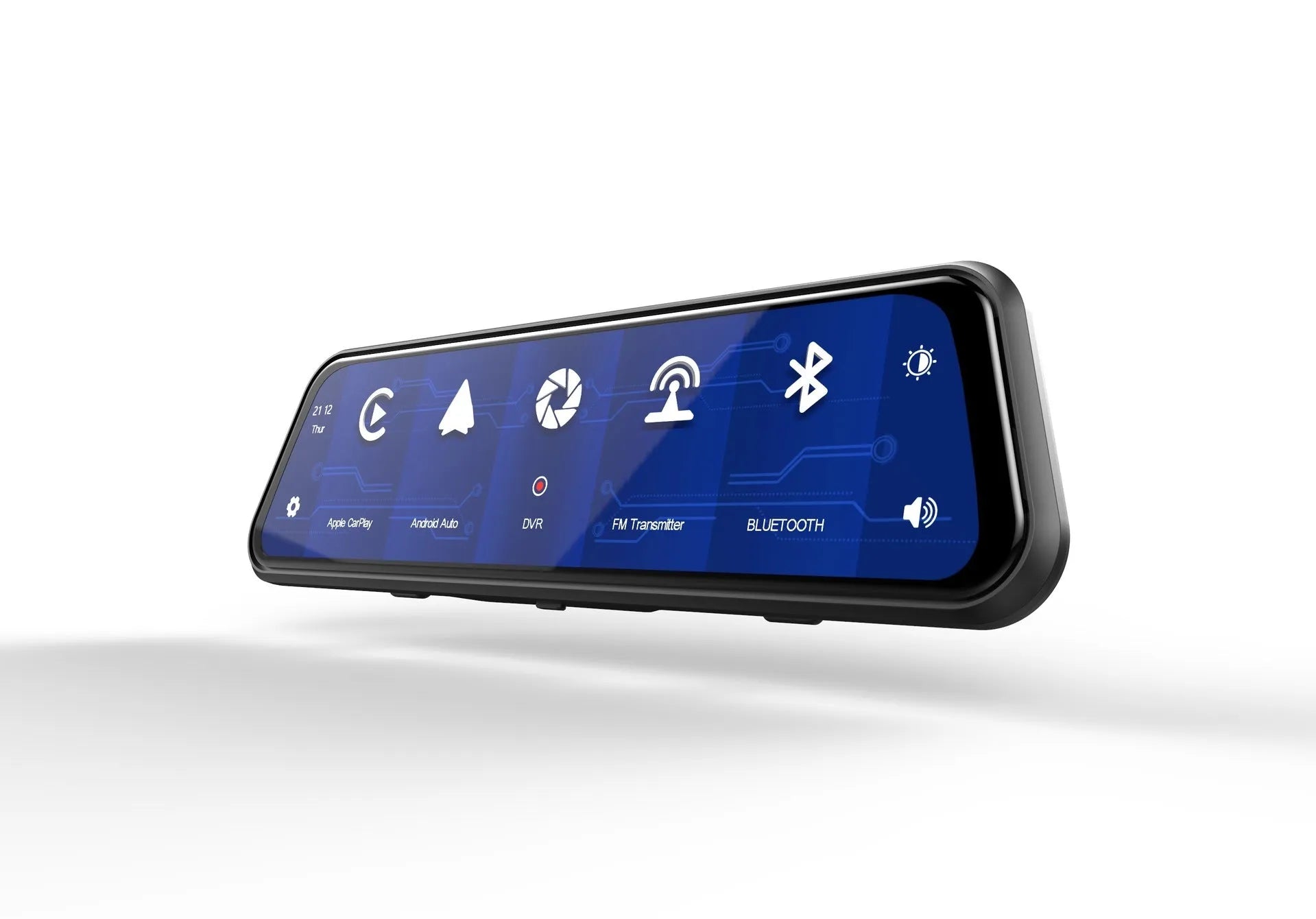 Black dual-lens driving recorder with a large touch screen mounted on a car windscreen.