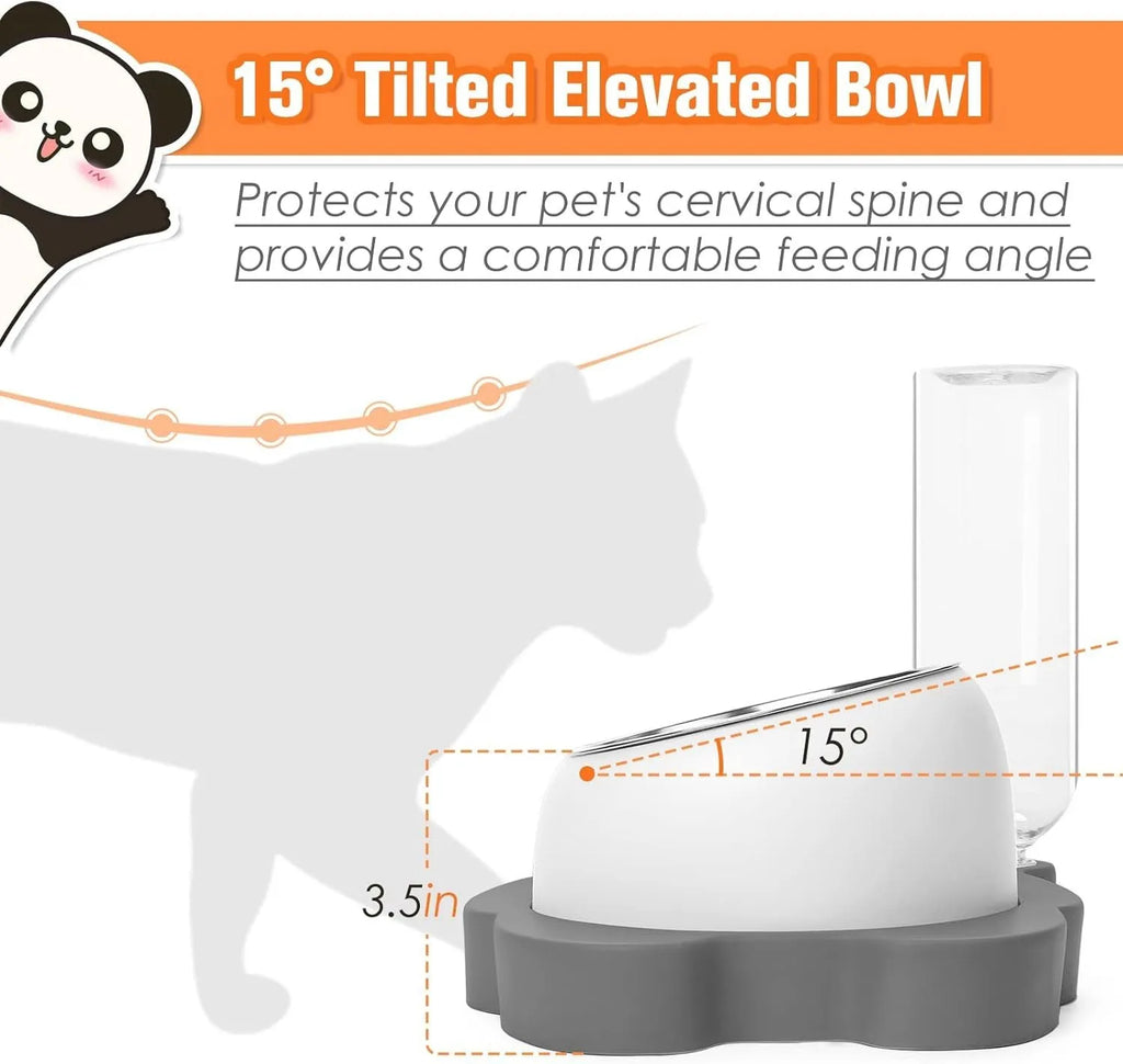 Raised cat bowl set with automatic water dispenser bottle in panda design