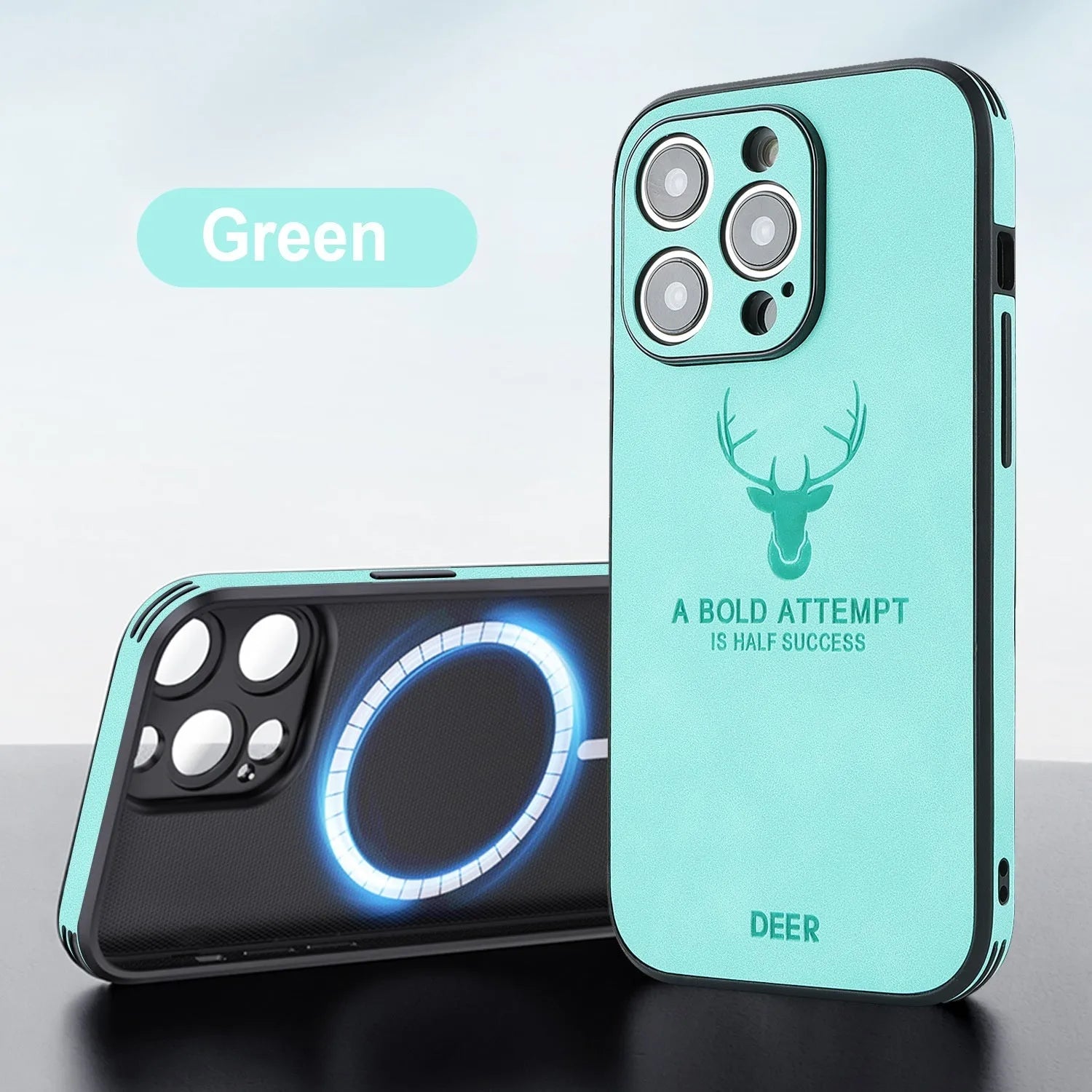 Magnetic charging moose head imitatin leather phone case for iPhone 16, black colour, embossed design
