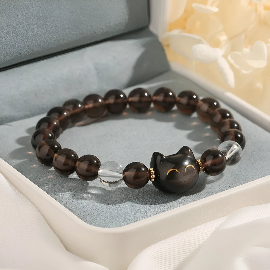 Women's cat head bracelet with natural opal beads 8mm round silver tone charm classic style