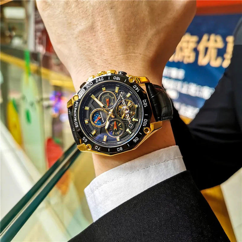 Men's automatic mechanical watch with silver case and white dial showing 12mm thickness