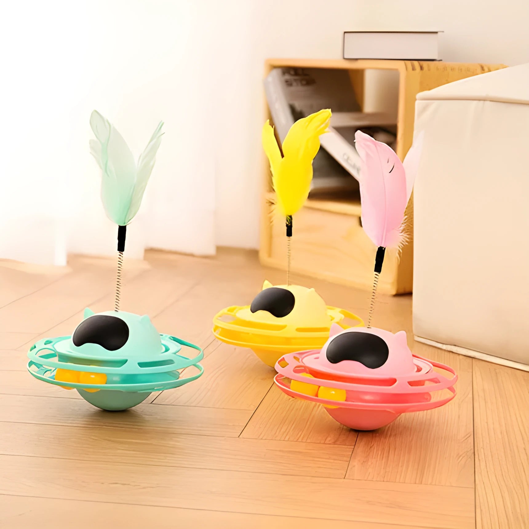 Pink cat tumbler turntable toy for self-play entertainment with 17x10cm dimensions