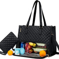 Quilted lunch tote bag for women with thermal insulation, laptop compartment, matching wallet, in black, front view