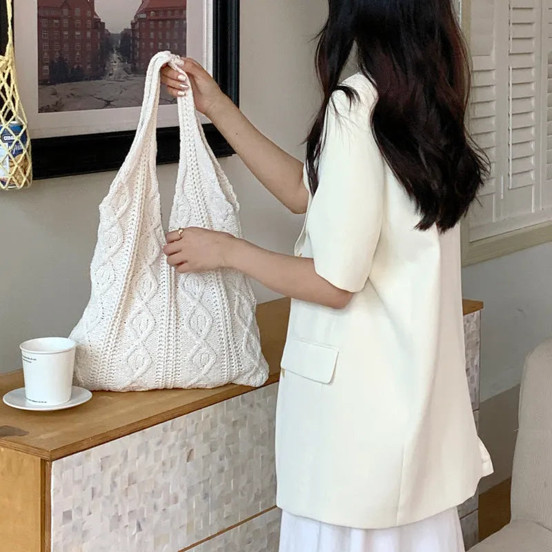 Retro hollow knitted women's shoulder tote bag in solid colour with double straps
