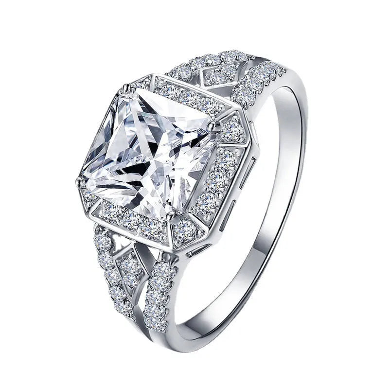 Geometric women's zircon ring with hollow design and platinum-colour finish