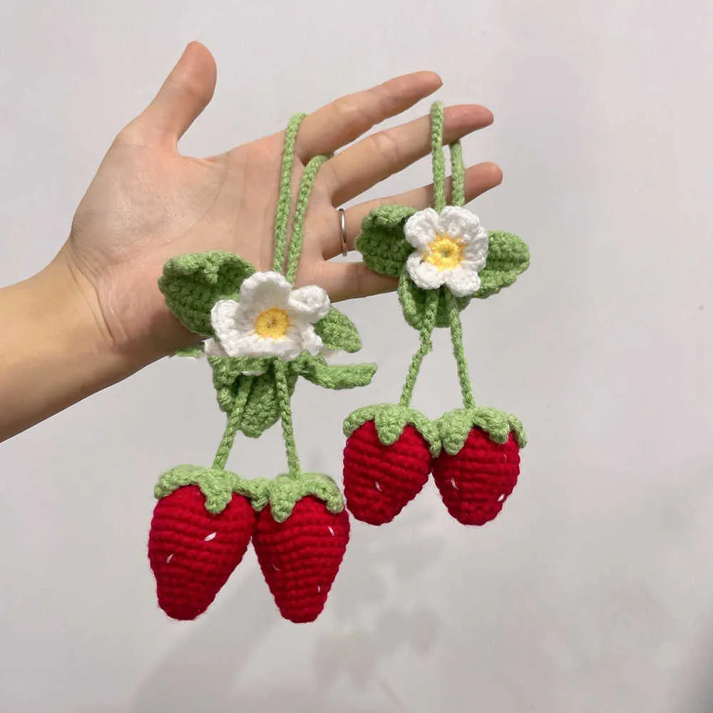 Handmade strawberry-shaped car weaving pendant crafted from cotton and hemp wool using hook knitting techniques