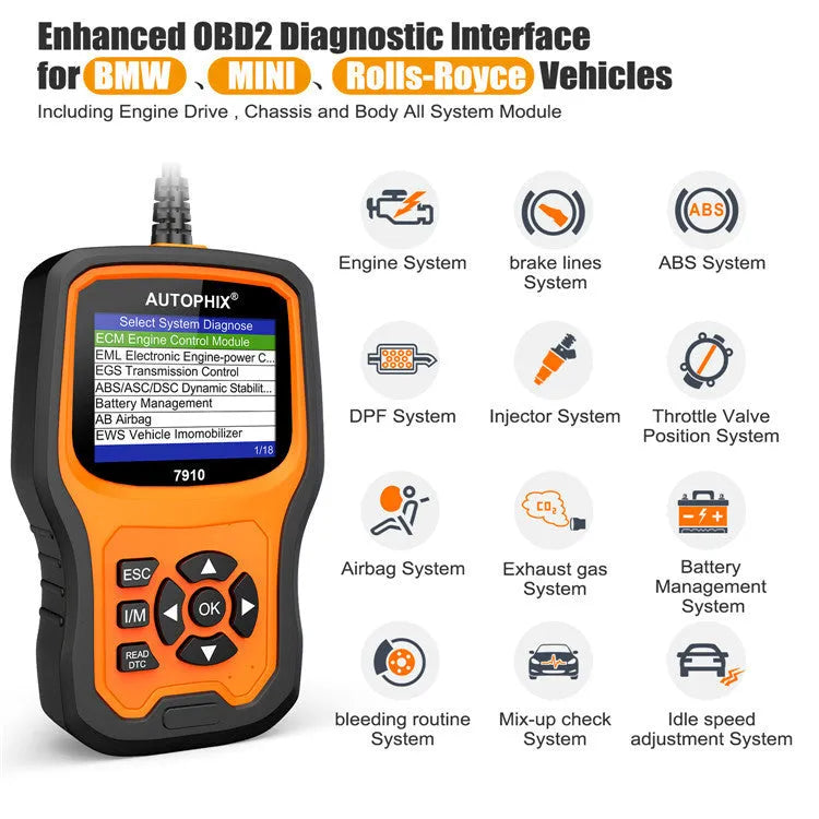 Autophix 7910 BMW Mini Rolls Royce diagnostic scan tool with OBD2 connector