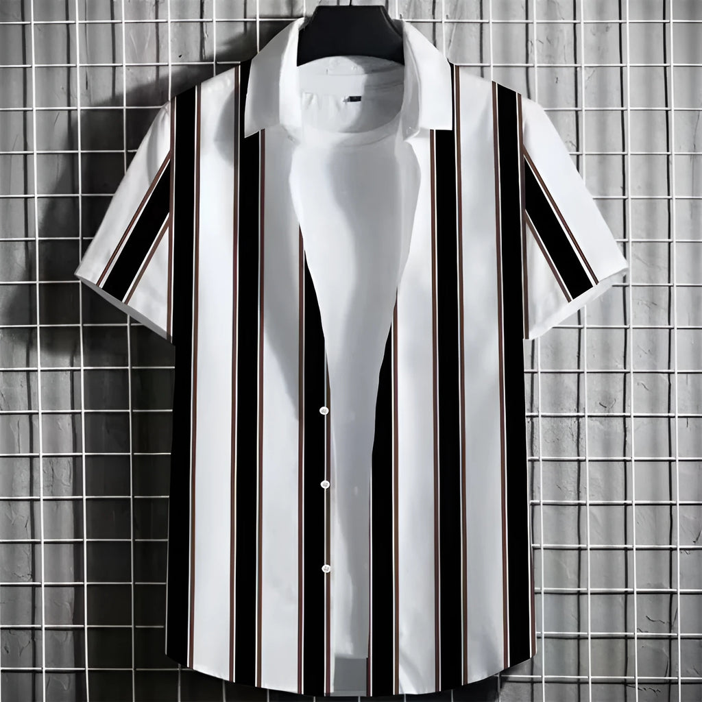 Men's simple striped linen t-shirt with 3D printing, shown in available colours and sizes.