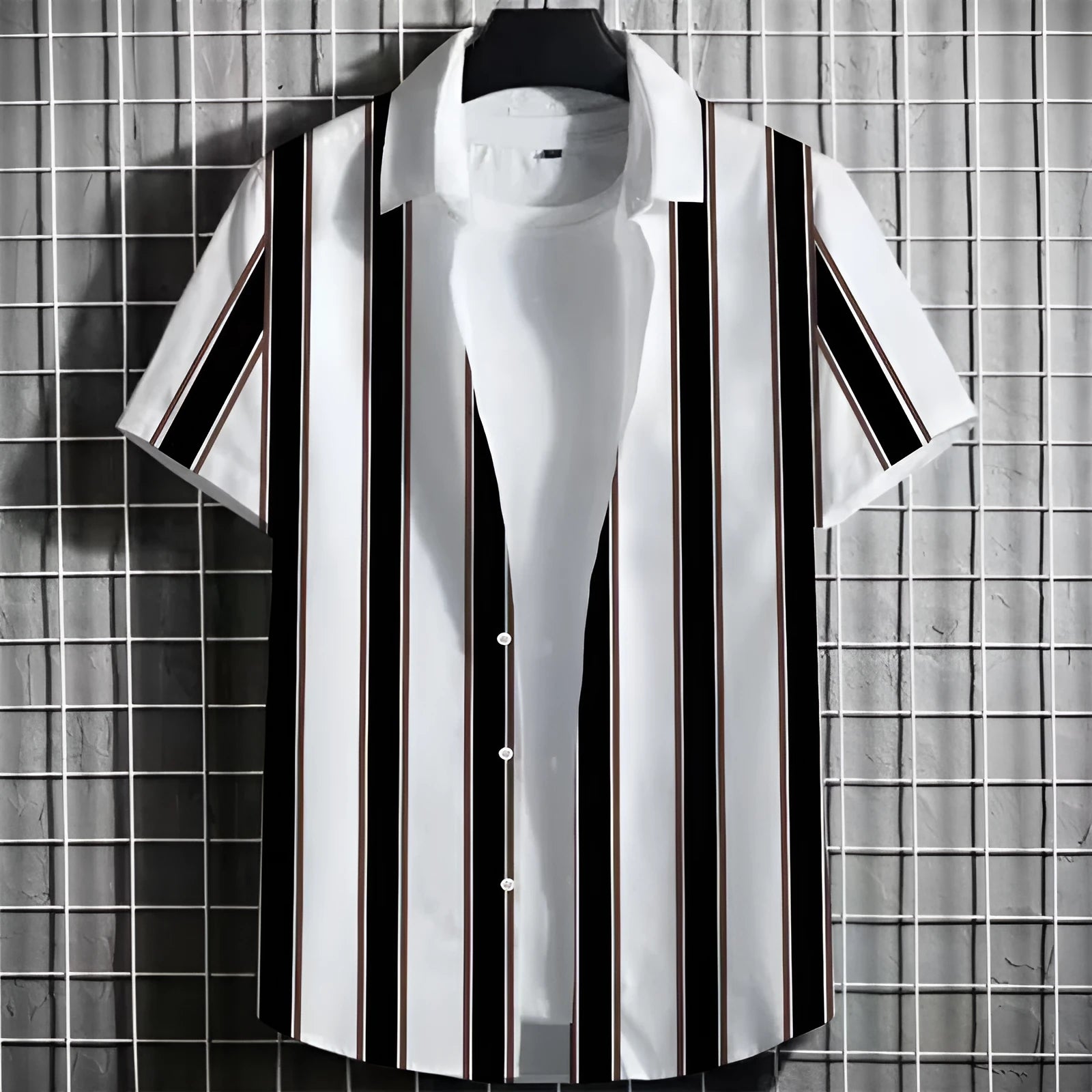 Men's simple striped linen t-shirt with 3D printing, shown in available colours and sizes.