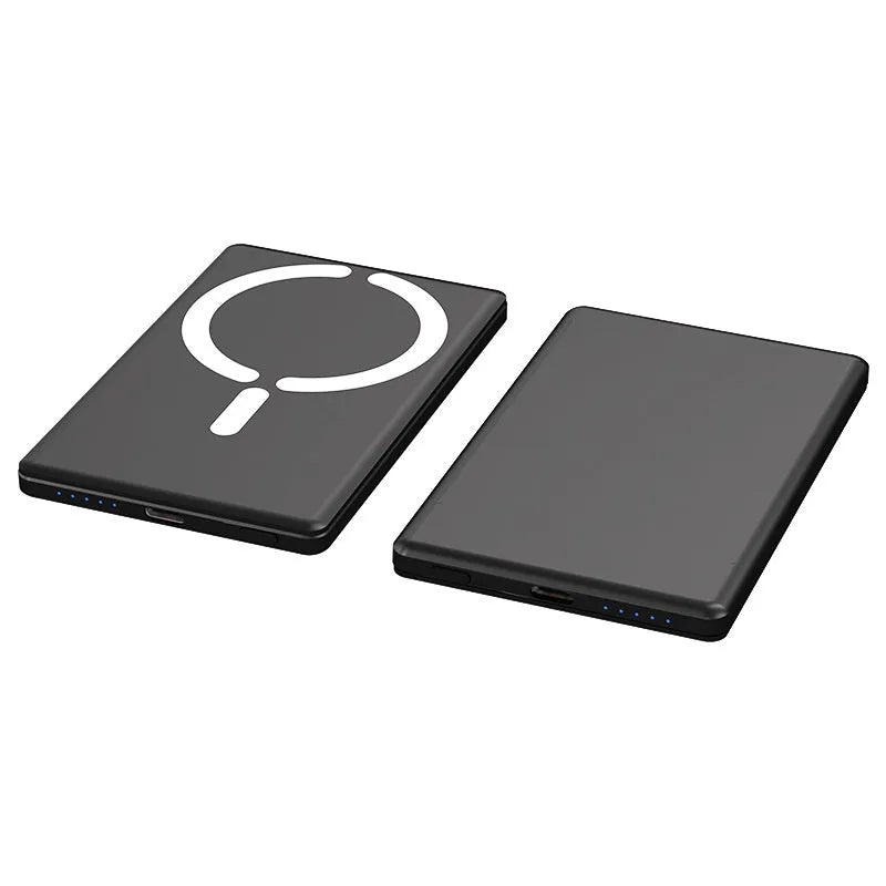 Ultra-thin silver magnetic power bank showing slim 9mm profile and alloy shell.