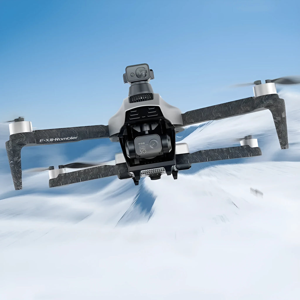 White folding quadcopter drone with camera, remote control, shoulder bag, and flight batteries on a neutral background.