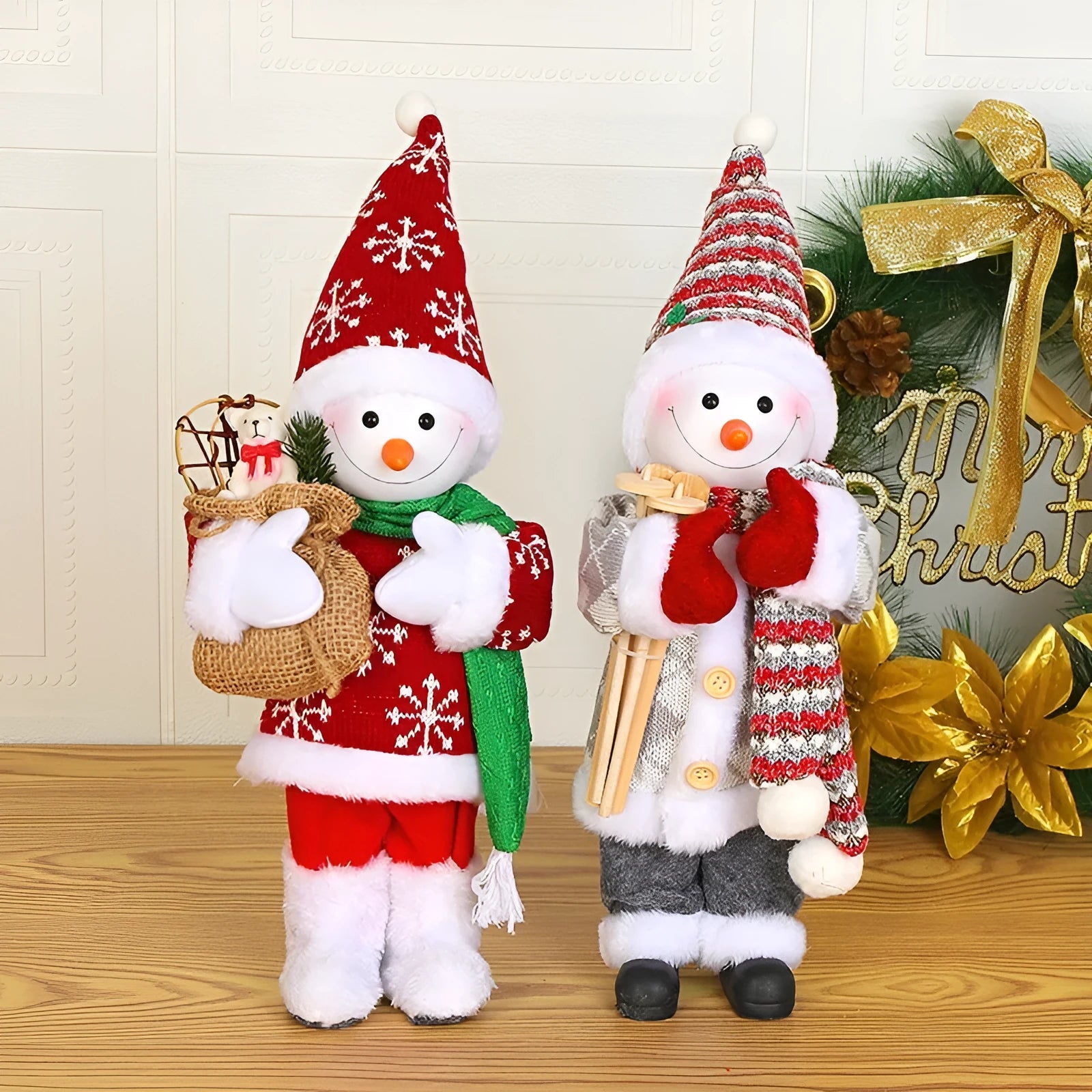 30cm Christmas doll with red sequins, plastic and cloth construction, standing on a white background