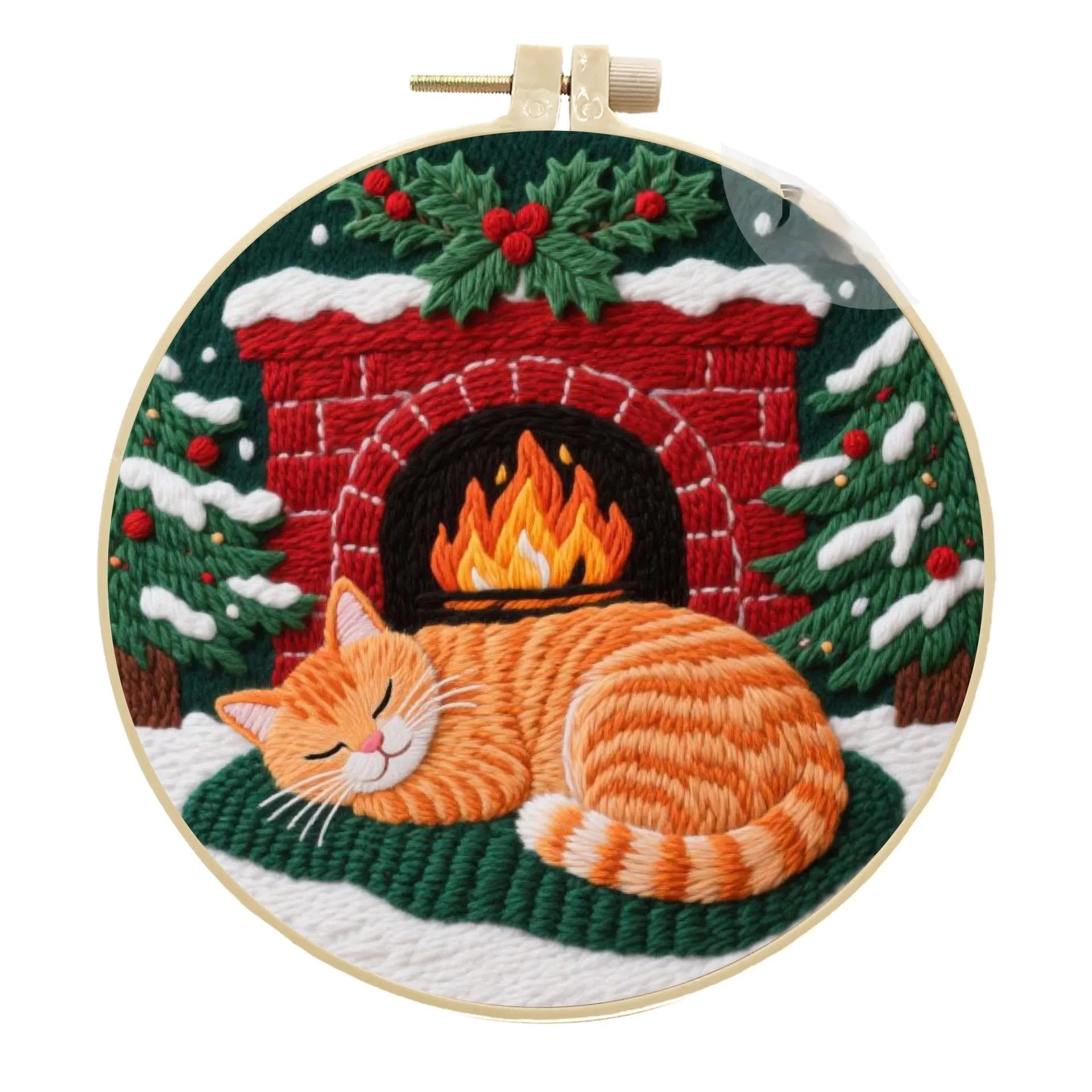 Cat embroidery DIY material package with autumn fruit designs on cotton linen fabric