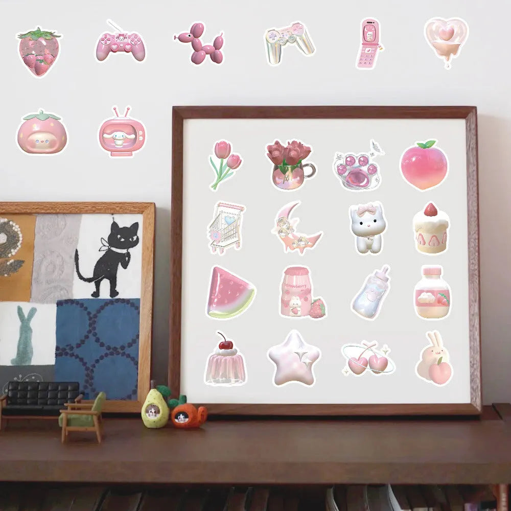 63-piece pack of 3D decorative stickers with pink girl heart patterns in cute style
