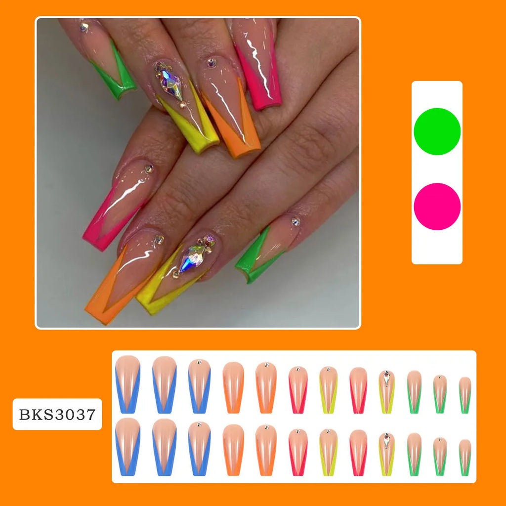 BKS3037 diamond colour French detachable nail tips with cartoon and love patterns, jelly glue, and filing strip kit.
