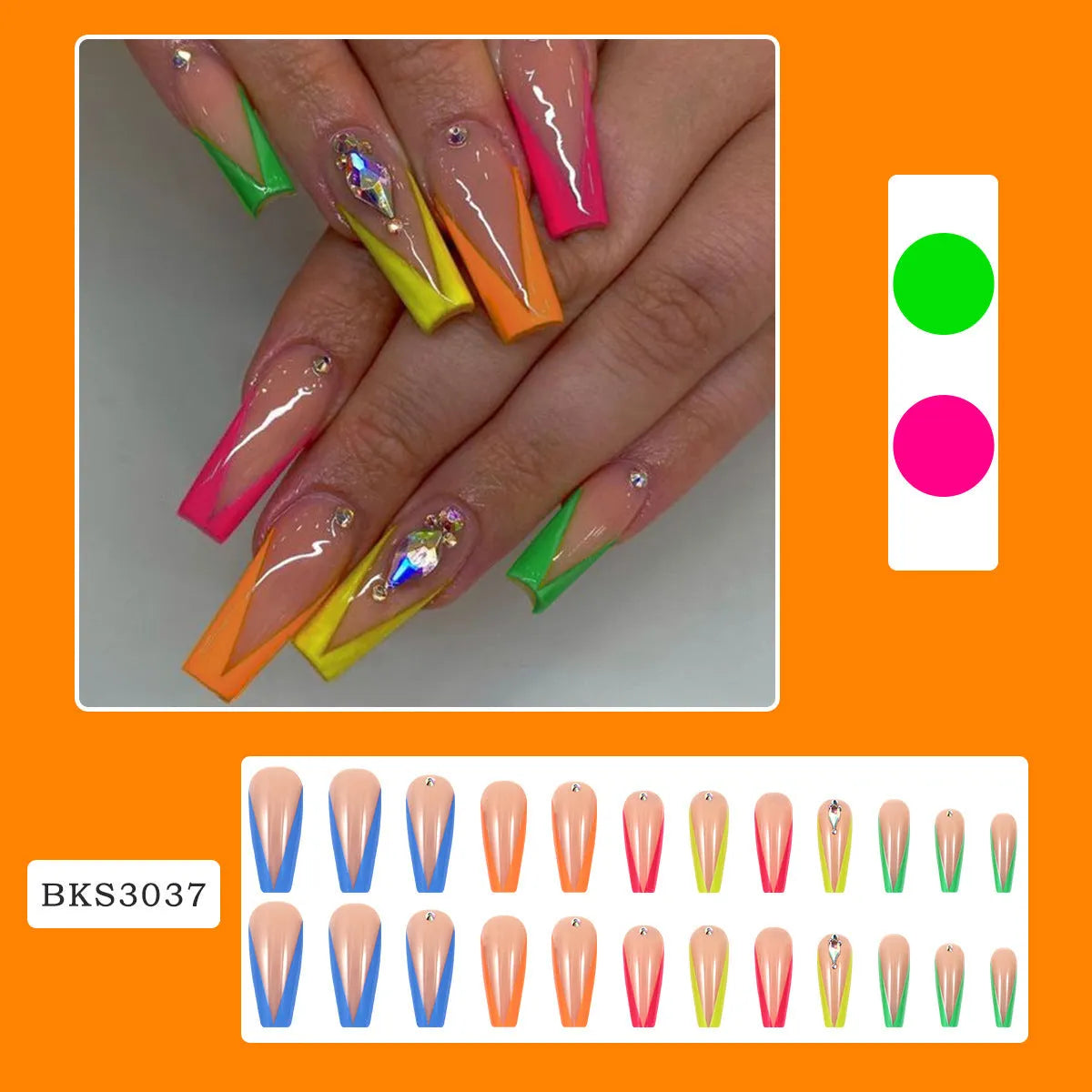 BKS3037 diamond colour French detachable nail tips with cartoon and love patterns, jelly glue, and filing strip kit.