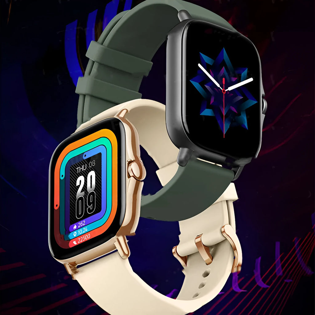 GT20 smartwatch with black silicone strap and alloy case showing heart rate monitoring on screen.