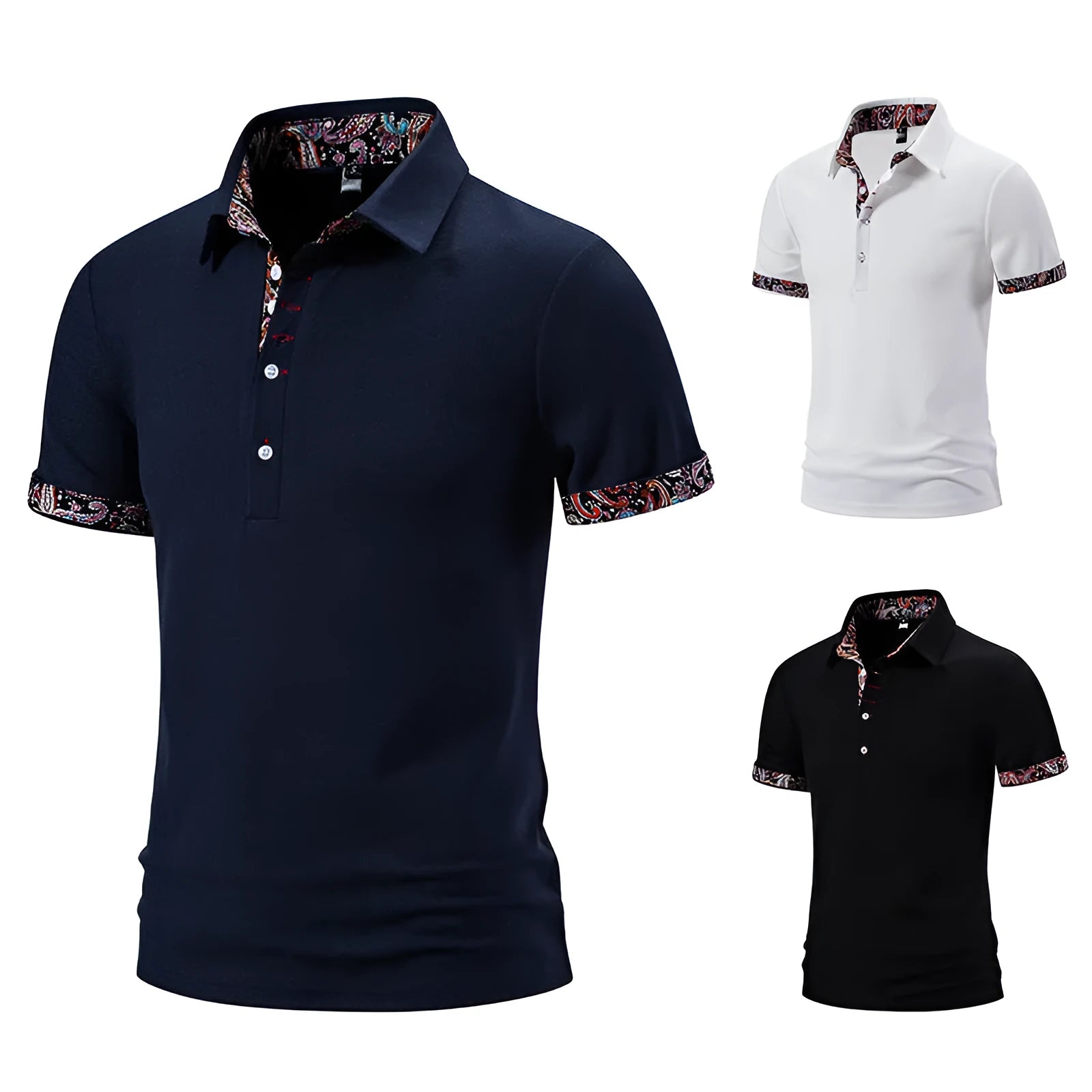 Men's navy blue cotton blend polo shirt with short sleeves and a turnover collar on a white background.
