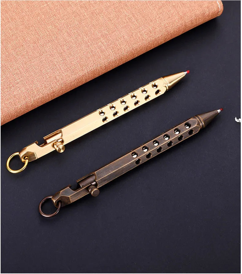 Brass hexagonal bolt pen with 6-angle design showing length and diameter dimensions