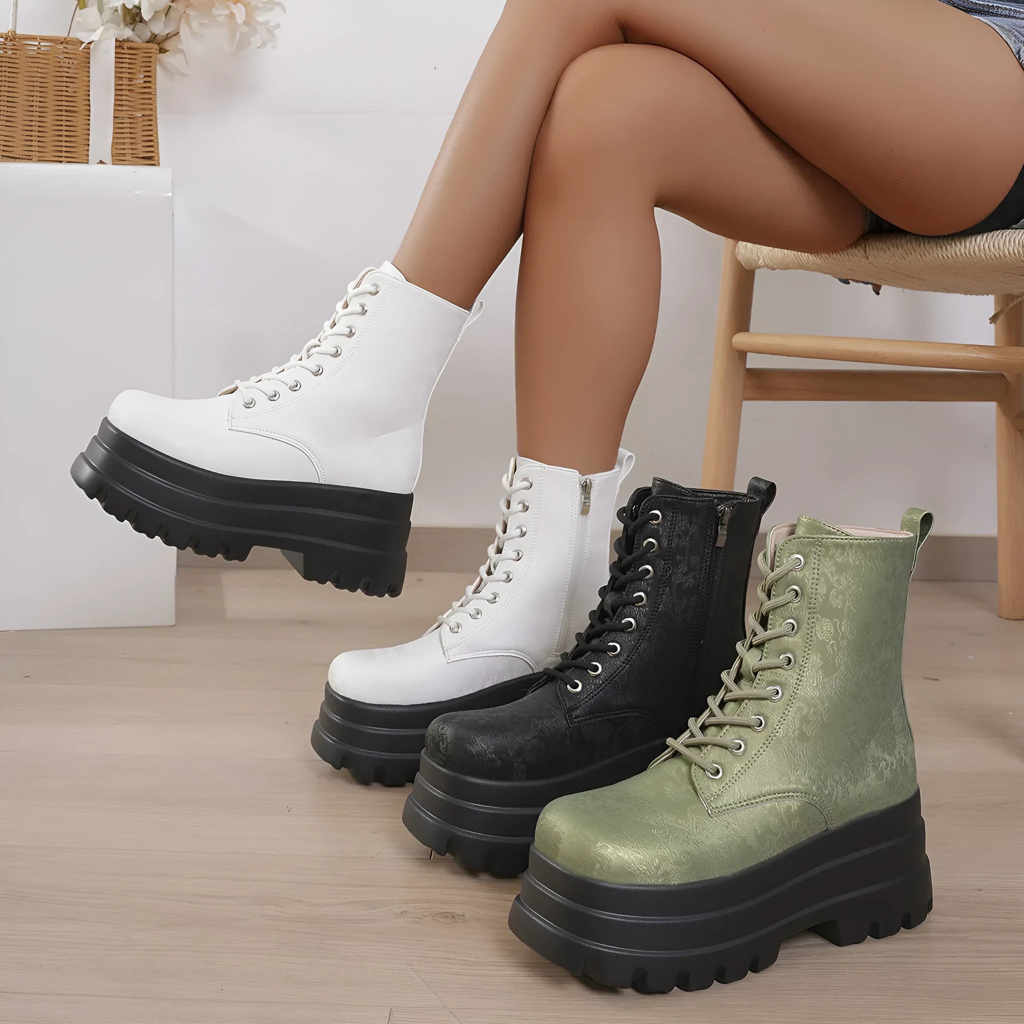 Women's black platform boots with chunky heel and side zipper closure