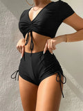 Ladies lace-up bow swimsuit set with matching shorts in polyester for swimming