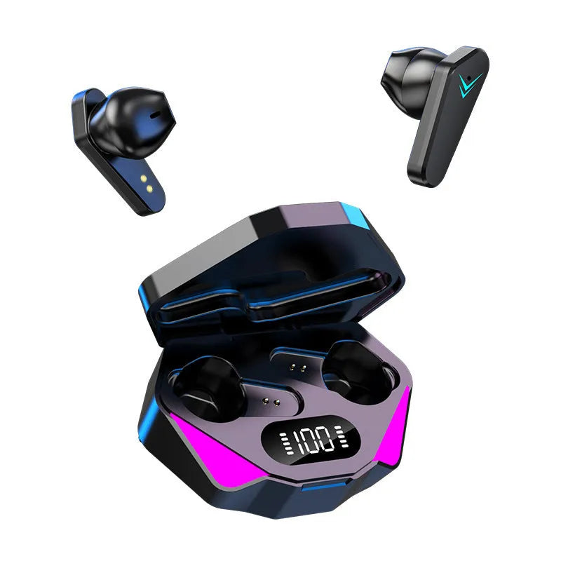 X15 wireless in-ear gaming headset with charging case showing Bluetooth 5.0 and IPX-4 waterproof features