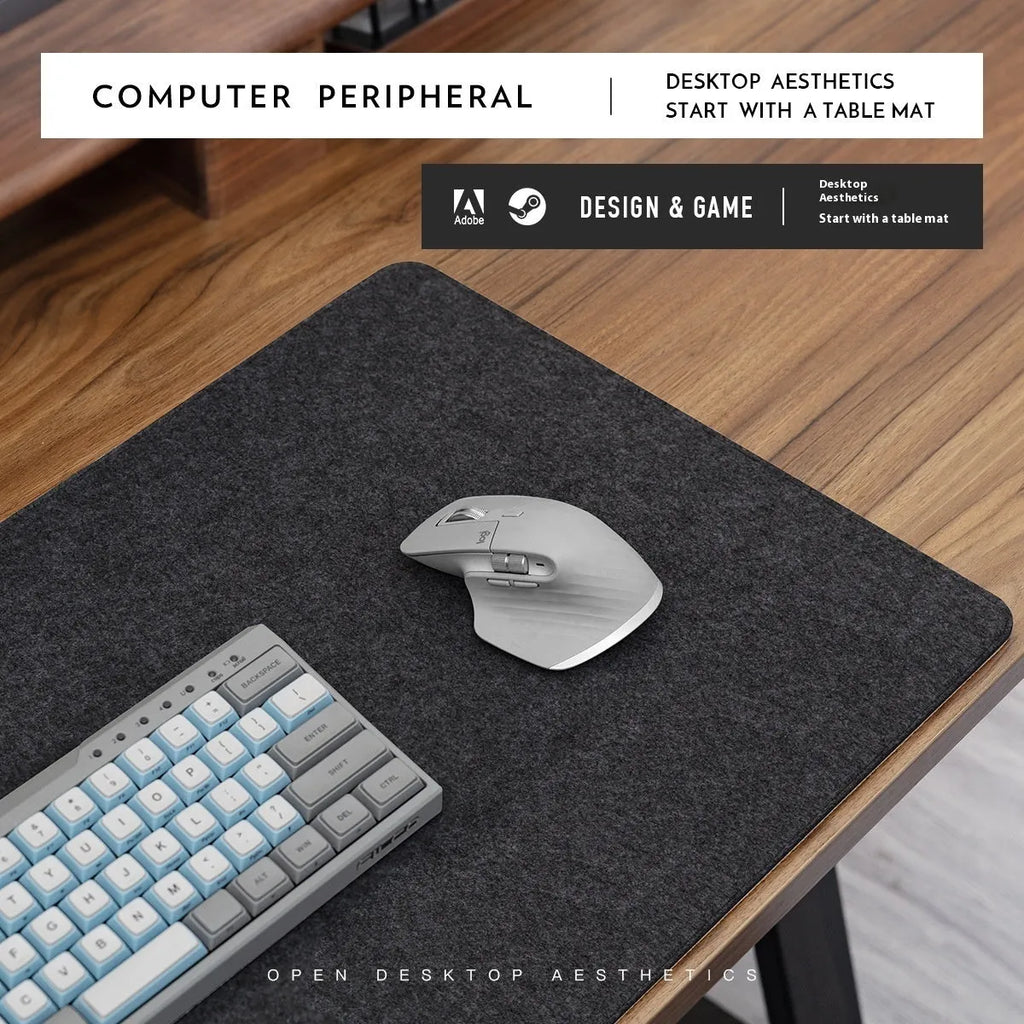 Felt cork desk mat in grey on a wooden desk, showing non-slip base and simple Japanese style design.