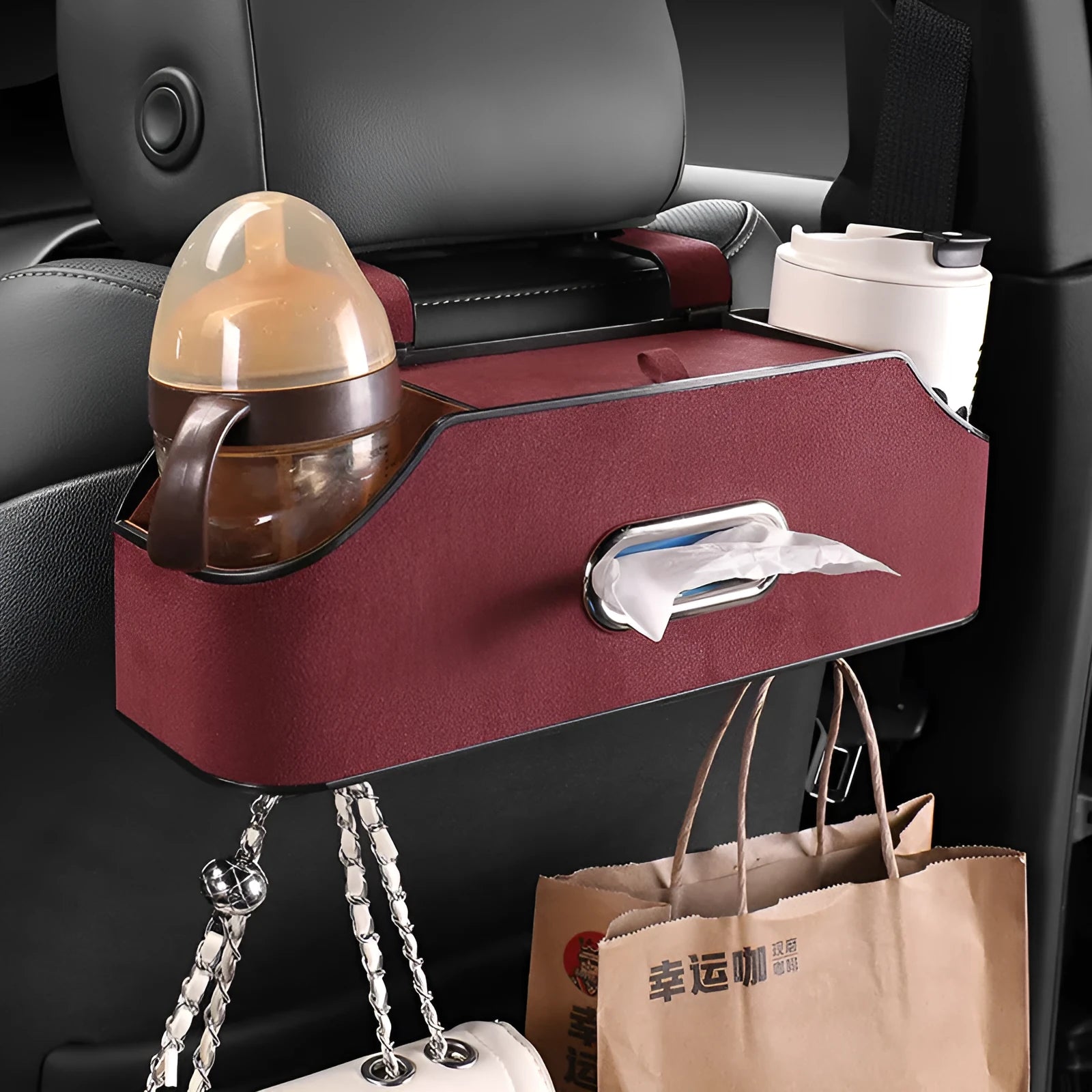 Genuine leather car tissue box organiser with suspension mount and 2L capacity