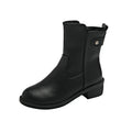 Black women's short boots with a side zip, round toe, and low rubber heel on a neutral background.