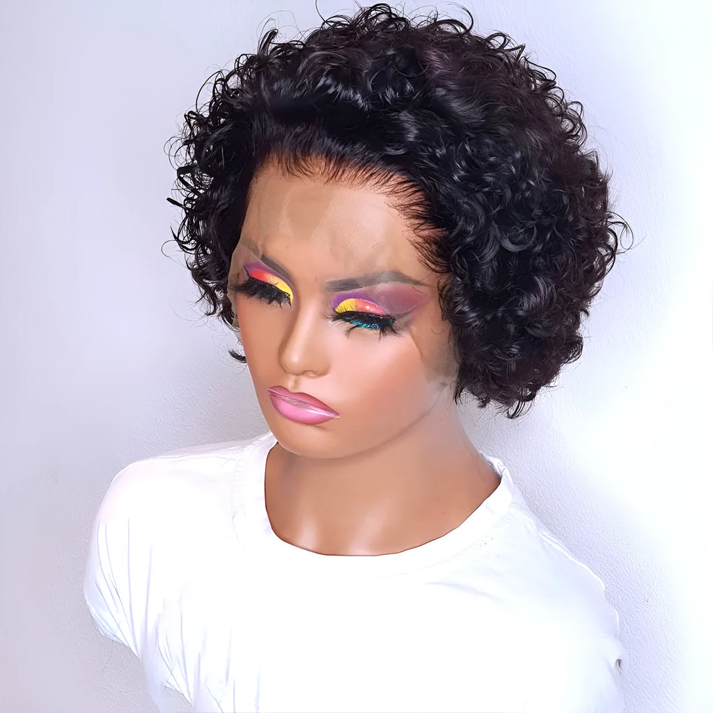 Black human hair pixie wig in colour 13x1 on a stand.