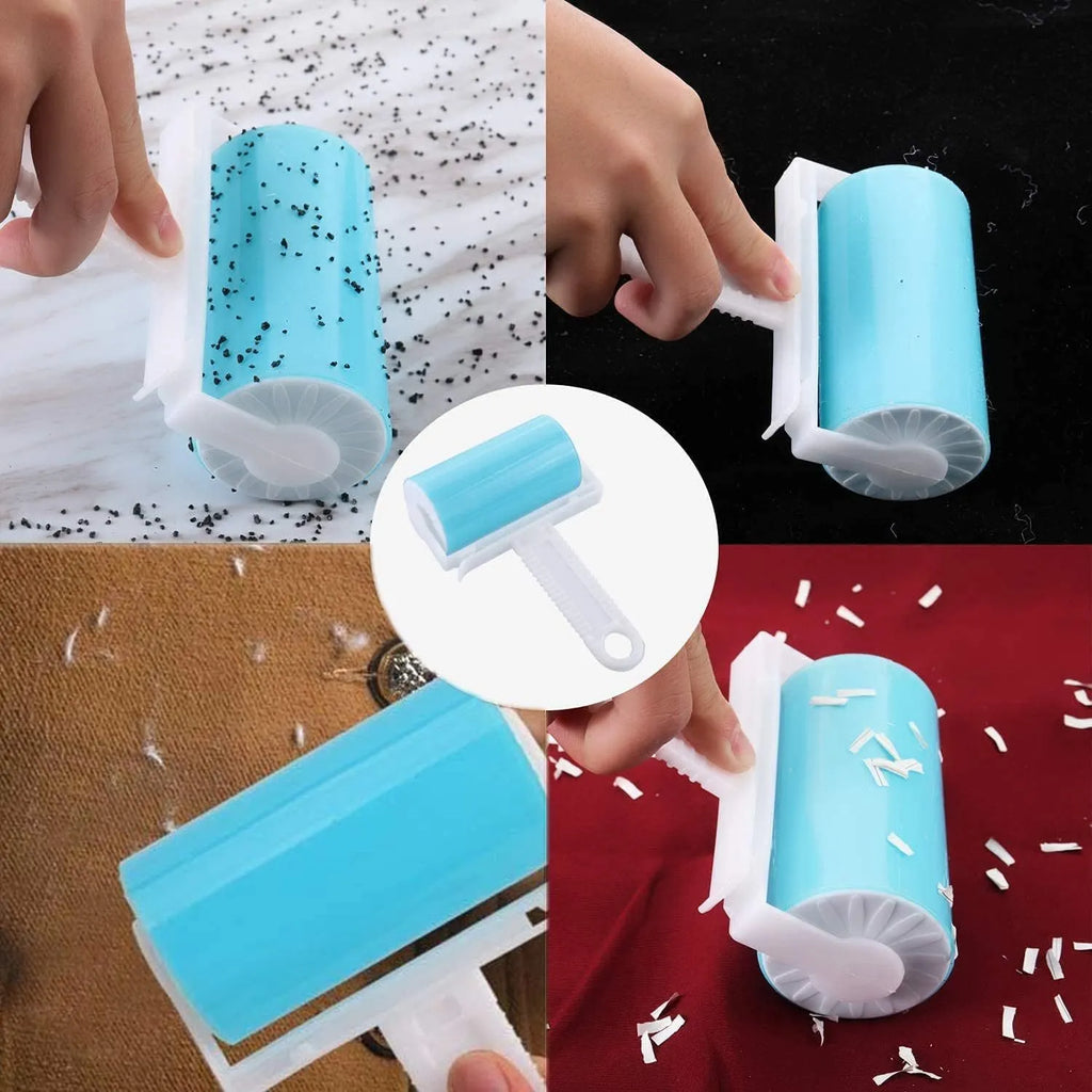 Blue reusable lint roller with cover for removing pet hair from fabrics