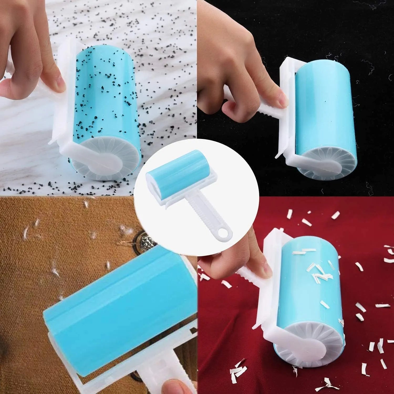 Blue reusable lint roller with cover for removing pet hair from fabrics