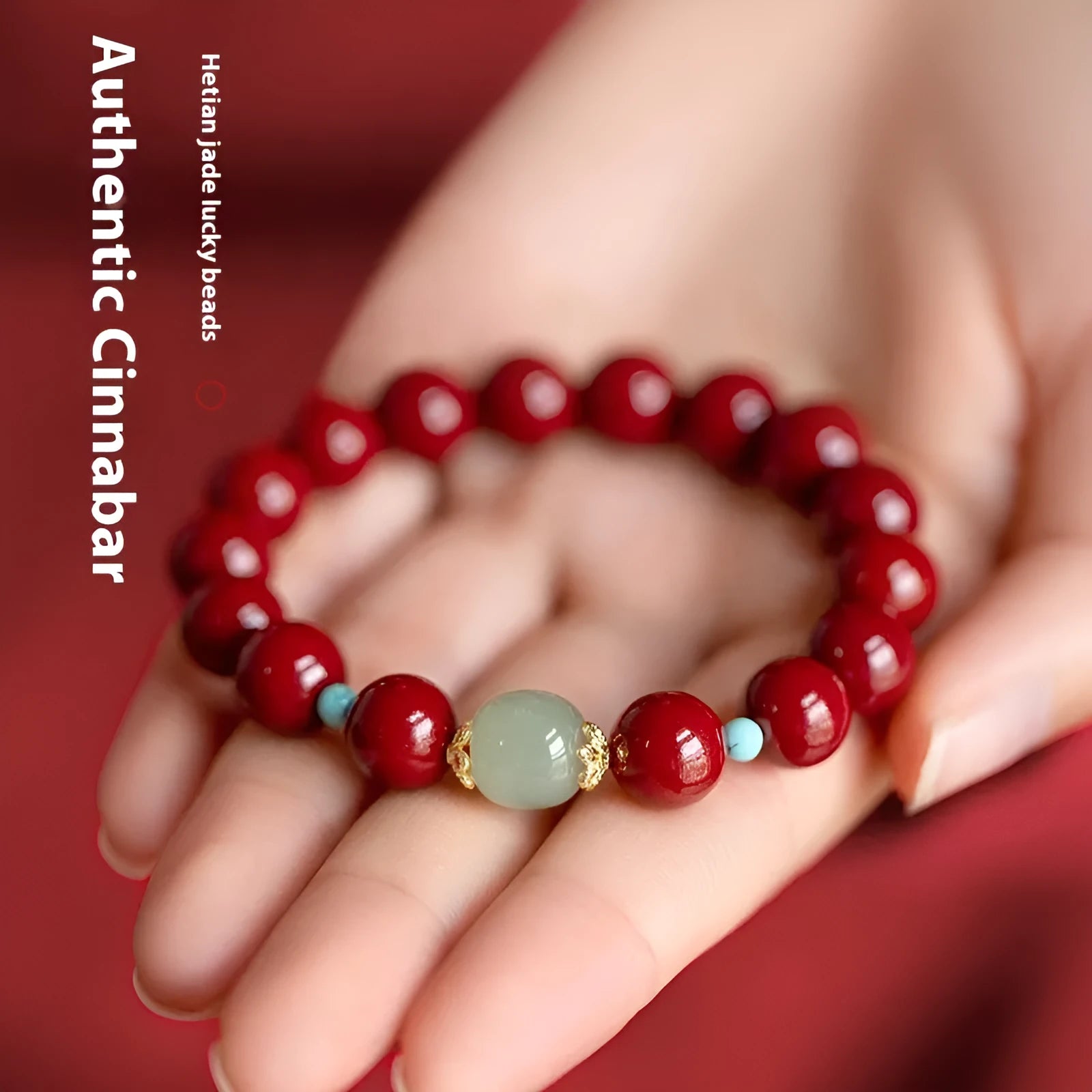 Purple Gold Sand cinnabar bracelet with geometric ellipse beads in 6mm, 8mm, or 10mm sizes on a wrist.