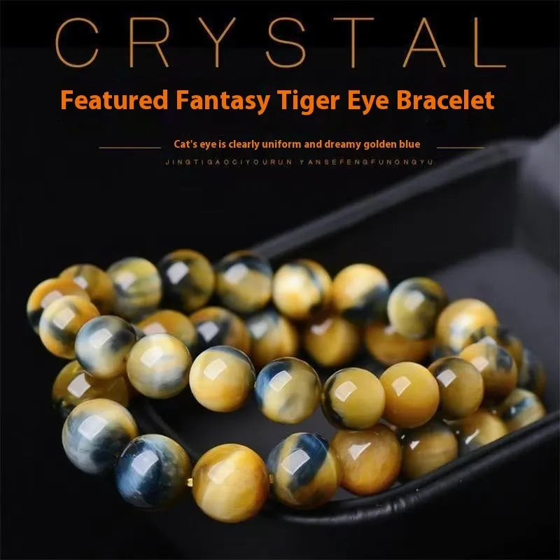 Natural agate fantasy tigereye round bead bracelet on white background, unisex handmade single-circle style