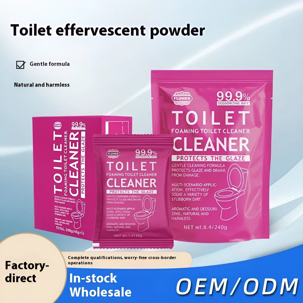 Toilet Bubble Powder cleaning product in blue ocean or pink floral fragrance, showing 240g bag and 5x40g box options.