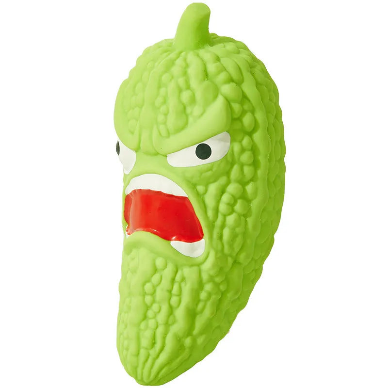 Bitter melon and chilli shaped dog toys with textured surfaces for bite resistance and teeth cleaning