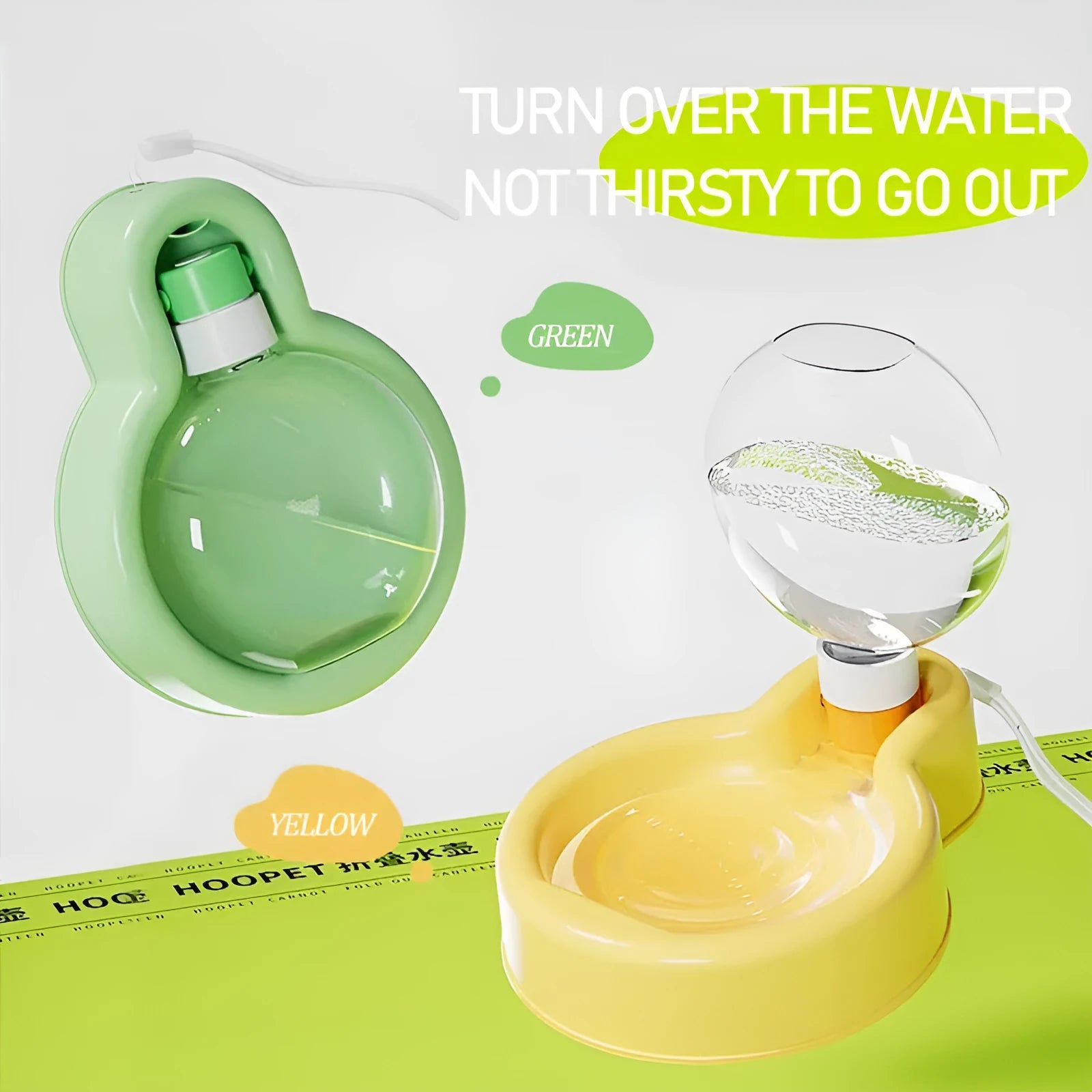 Green portable pet travel water cup with drinking bowl extended, showing 2-in-1 design for dogs