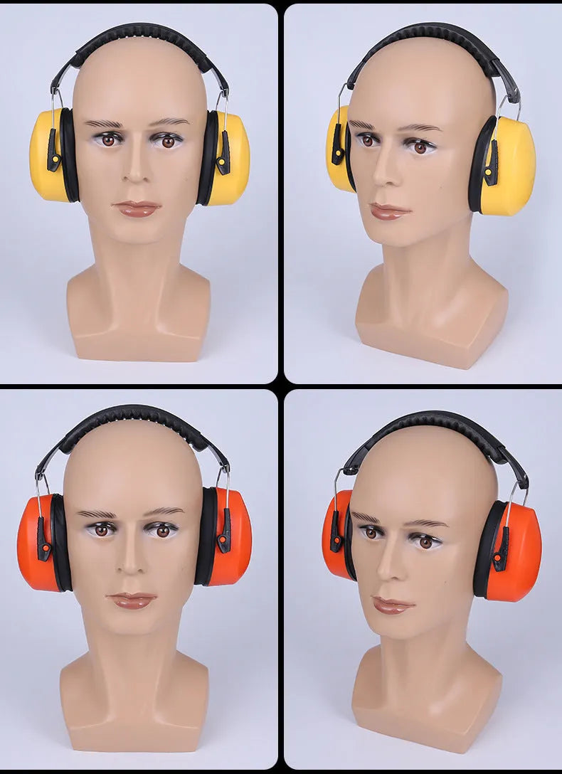 Orange noise-reducing headphones with adjustable elastic headband and breathable fabric ear cushions