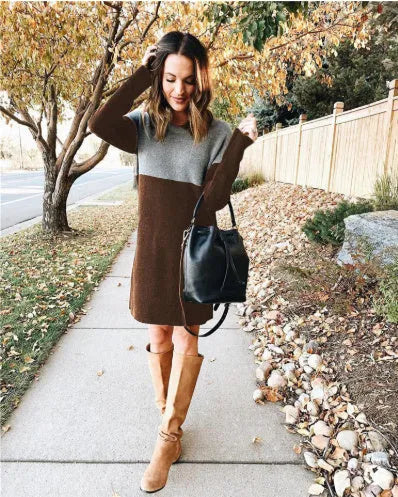 Brown women's polar fleece dress with long sleeves, round neck, and patchwork craft detail.