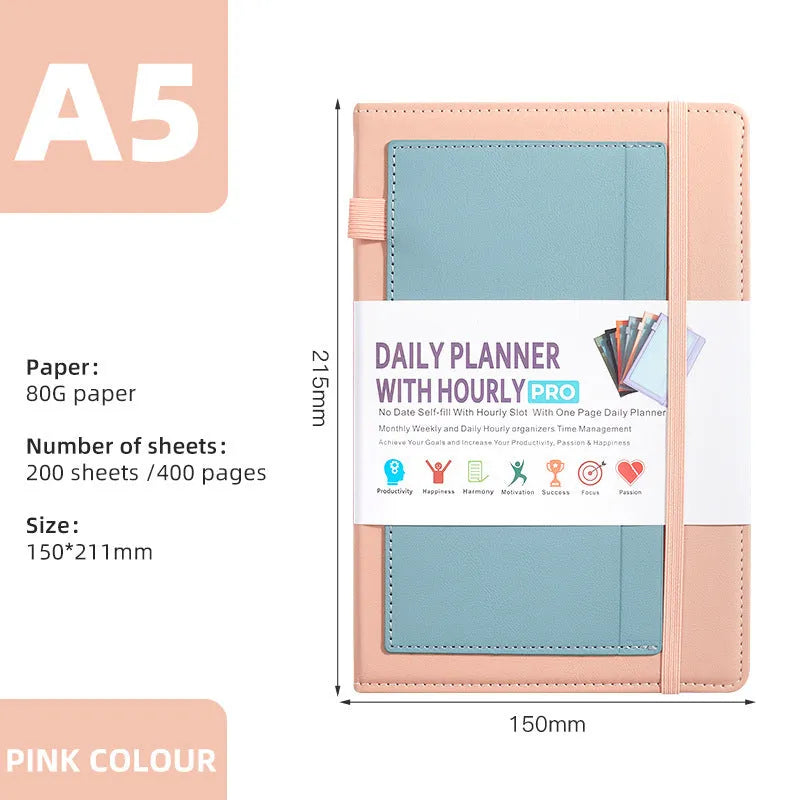 A5 notebook with PU cover, open to show no-date strap and thread binding, with planning stickers.