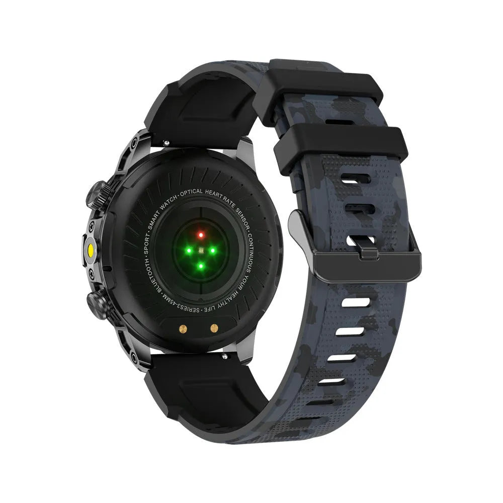 Black sports smartwatch with AMOLED screen and silicone strap on a wrist
