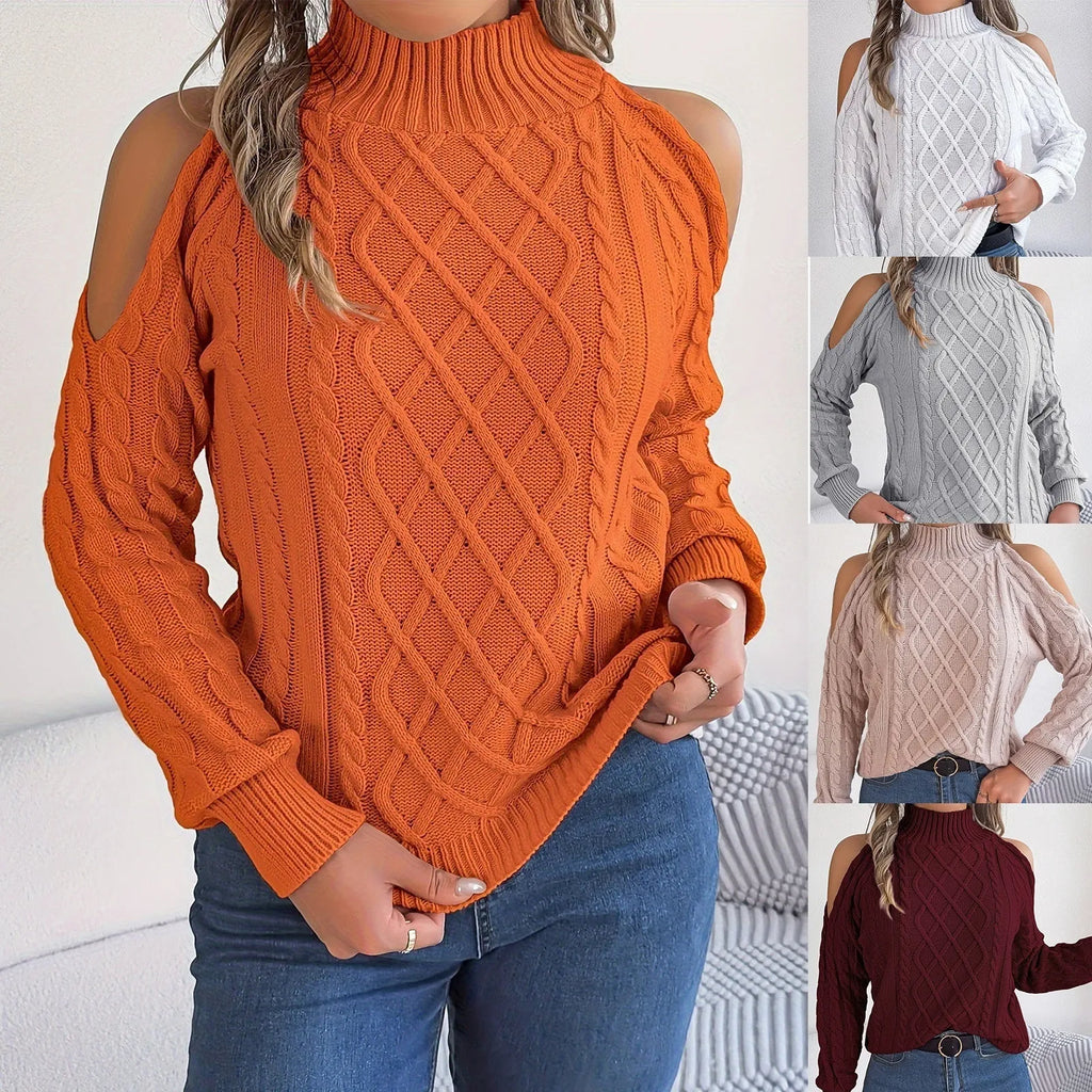 Women's casual sweater with twisted strapless half-high collar and lantern long sleeves in acrylic fabric