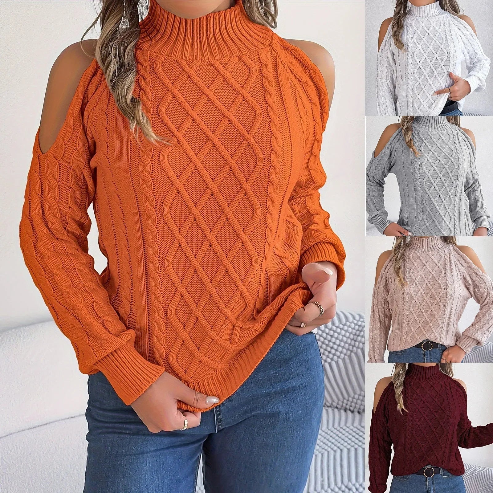 Women's casual sweater with twisted strapless half-high collar and lantern long sleeves in acrylic fabric