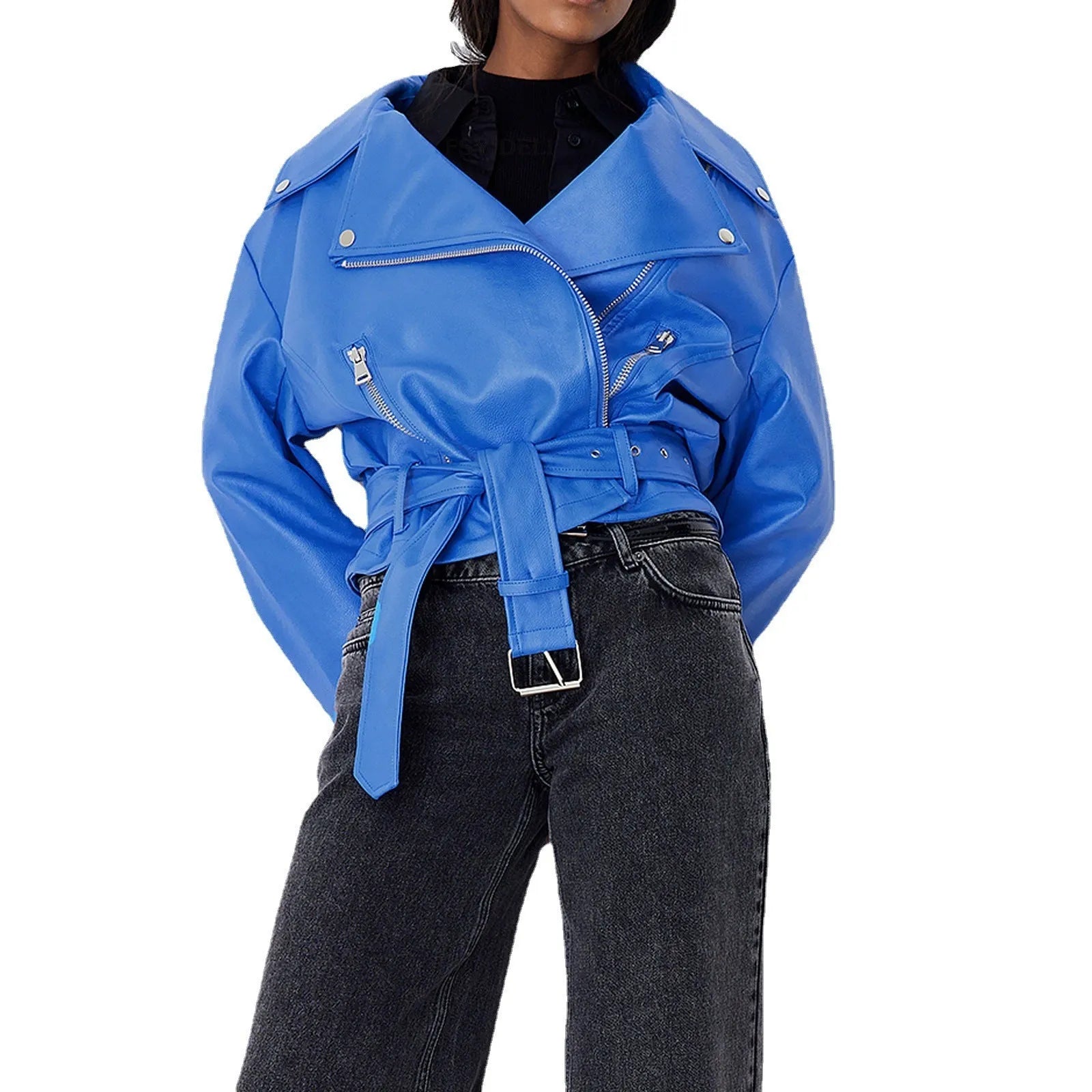 Punk style black leather jacket with Peter Pan collar, short belt, and drawstring waist.