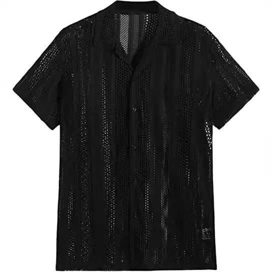 Men's black knitted short-sleeved button shirt with street fashion style and regular fit