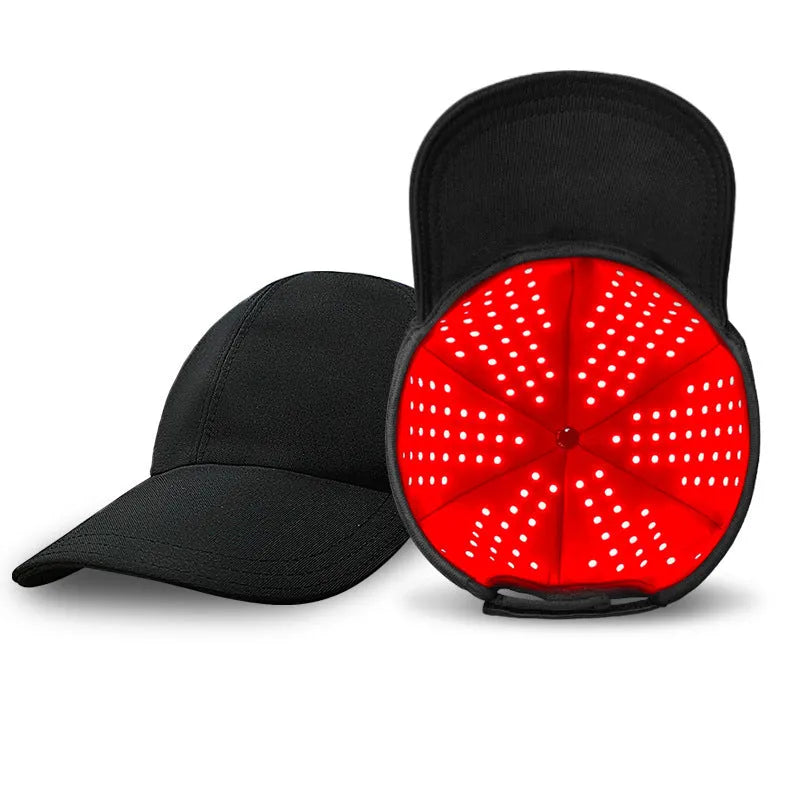 Black infrared red light therapy peaked cap for hair growth treatment with controller