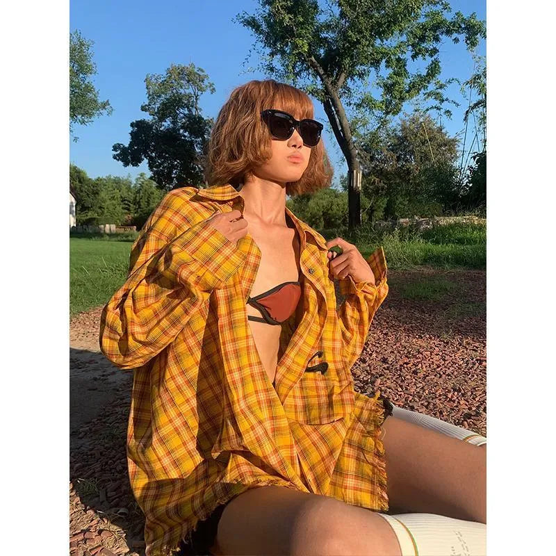 Dopamine yellow plaid shirt in loose cardigan style with polyester fabric